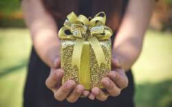 Closeup image of hands holding gold color present box with blur nature background